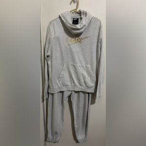 Nike light gray funnel neck  hoodie and sweatpants set with gold glitter logo L